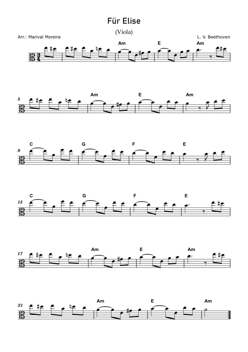 Fur Elise - Beethoven - Viola Solo Intermediate (Score and Chords) image number null