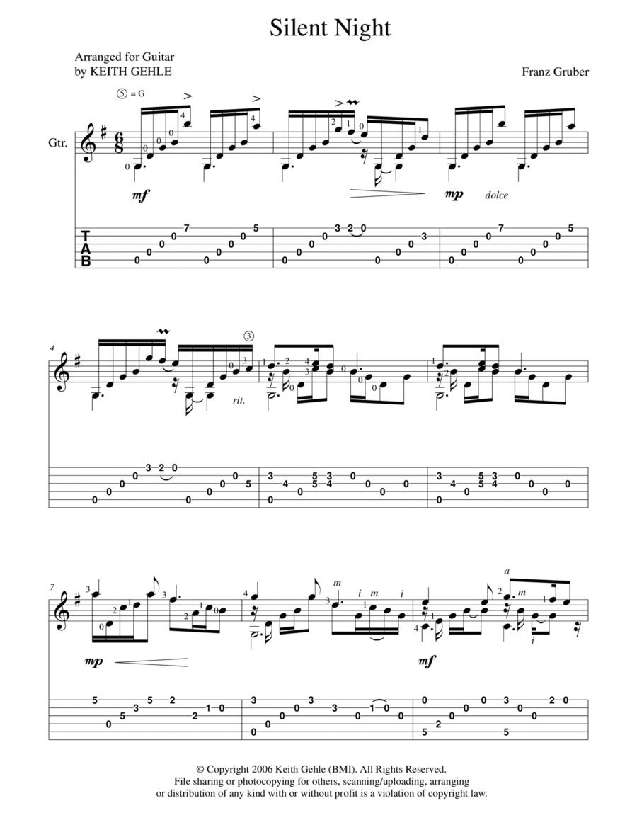 "Silent Night" for solo classical fingerstyle guitar (+ TAB) image number null