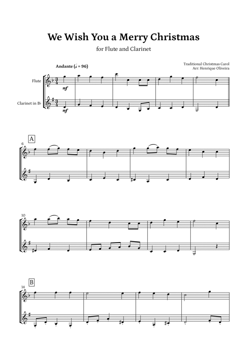 We Wish You a Merry Christmas (Flute and Clarinet) - Intermediate Level image number null