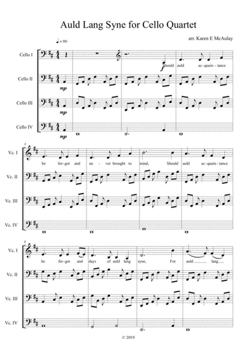 Auld lang syne for cello quartet with lyrics for 2 verses image number null