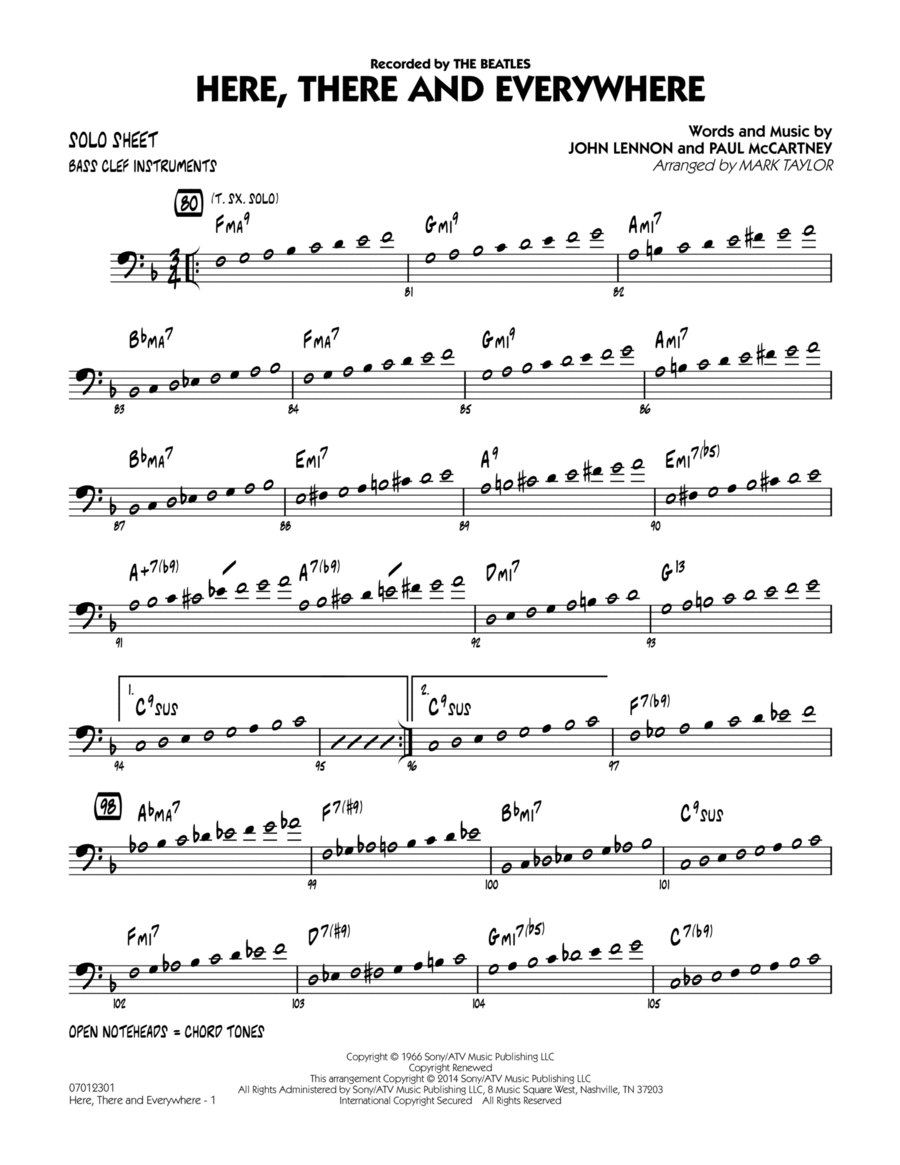 Here, There and Everywhere - Bass Clef Solo Sheet
