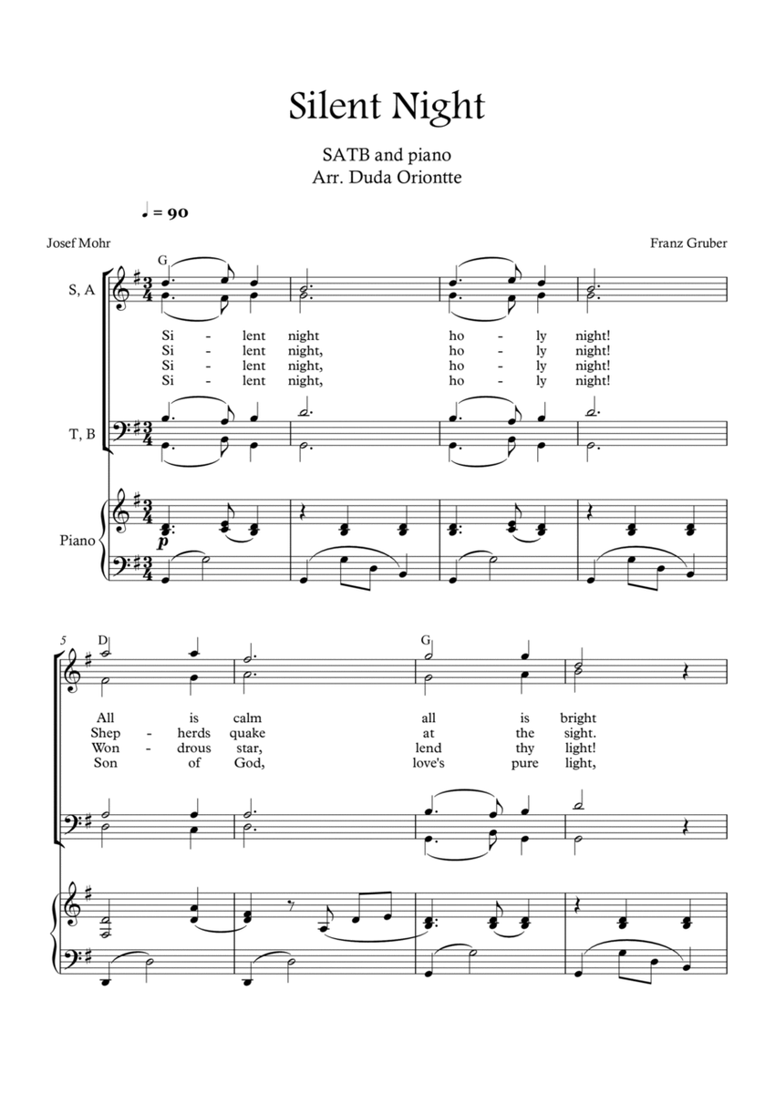 Silent Night (F major - SATB - with chords - with piano -two staff) image number null