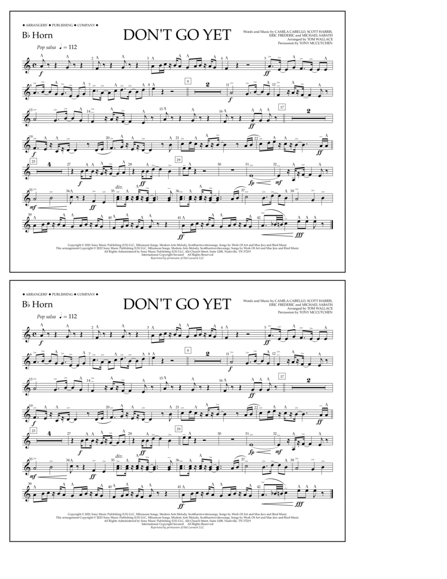 Don't Go Yet (arr. Tom Wallace) - Bb Horn