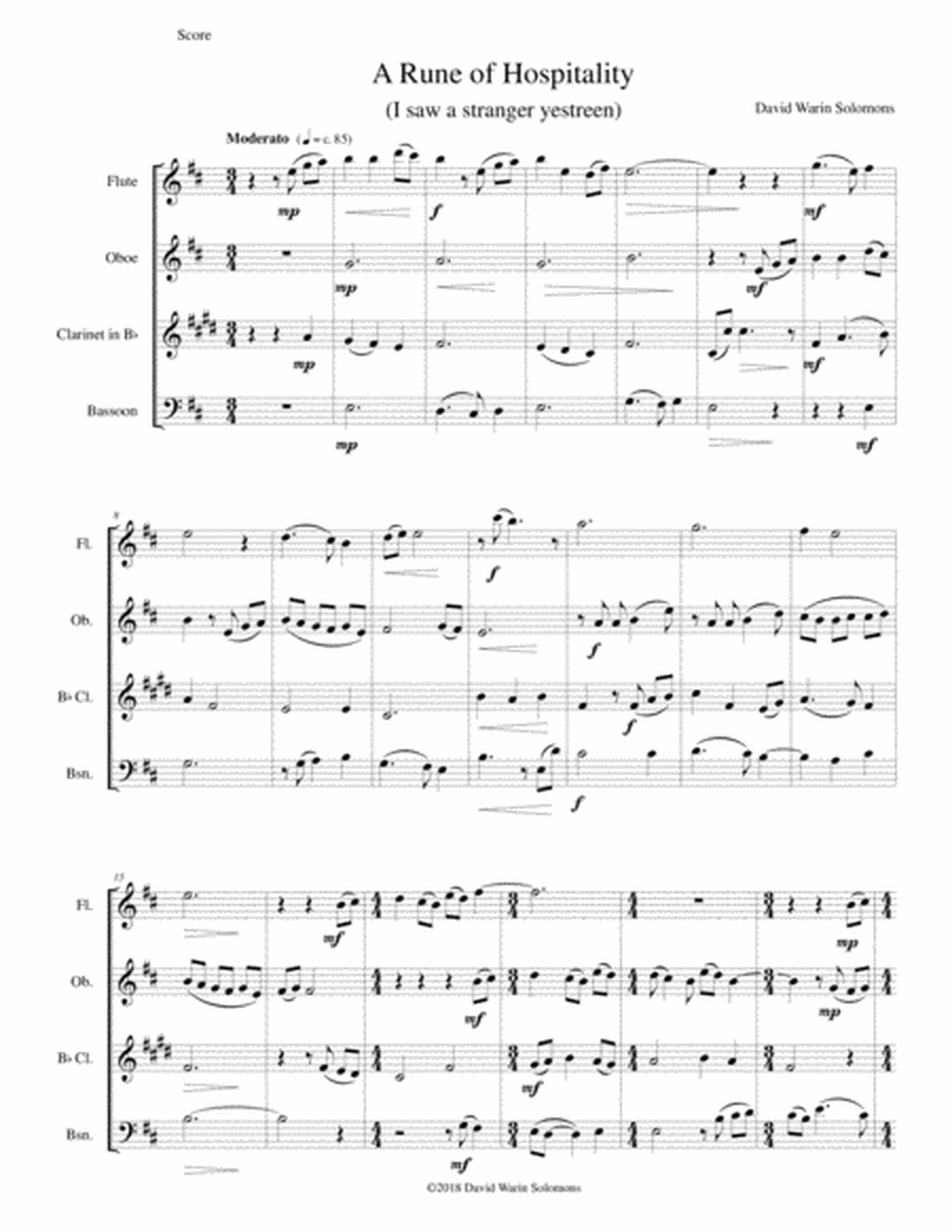 A Rune of hospitality - I saw a stranger yestreen - for wind quartet by David Warin Solomons Woodwind Quartet - Digital Sheet Music