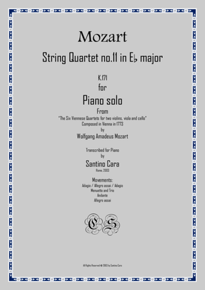 Book cover for Mozart – Complete String quartet no.11 in E flat major K171 for piano solo