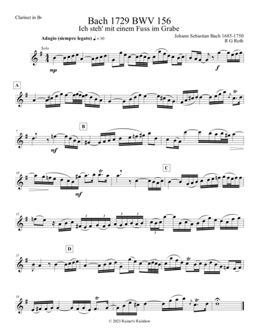 Bach 1729 BWV 156 Adagio for Solo Bb Clarinet Strings Parts and Score
