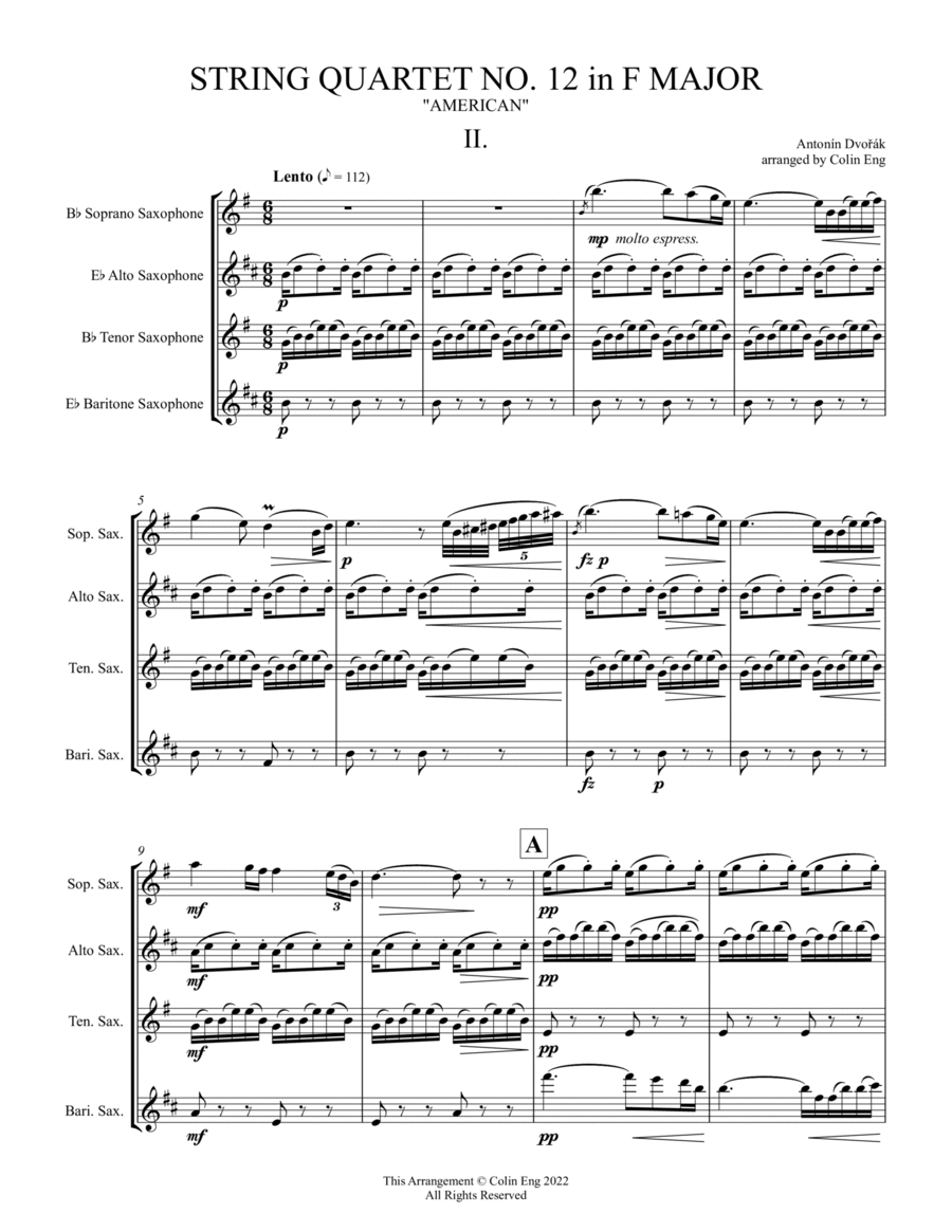 String Quartet No. 12 in F Major, "American" for Saxophone Quartet MOVEMENT II image number null