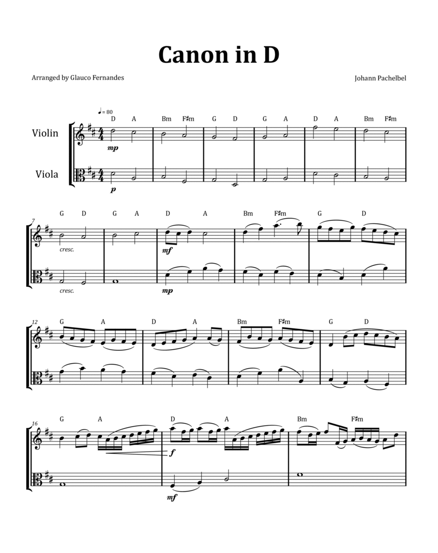 Canon by Pachelbel - Violin and Viola Duet with Chord Notation image number null