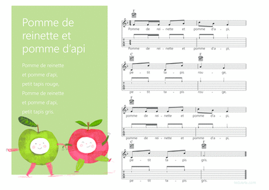 Pomme de reinette et pomme d'api french song for kids Melody + Guitar chords + Guitar TAB's