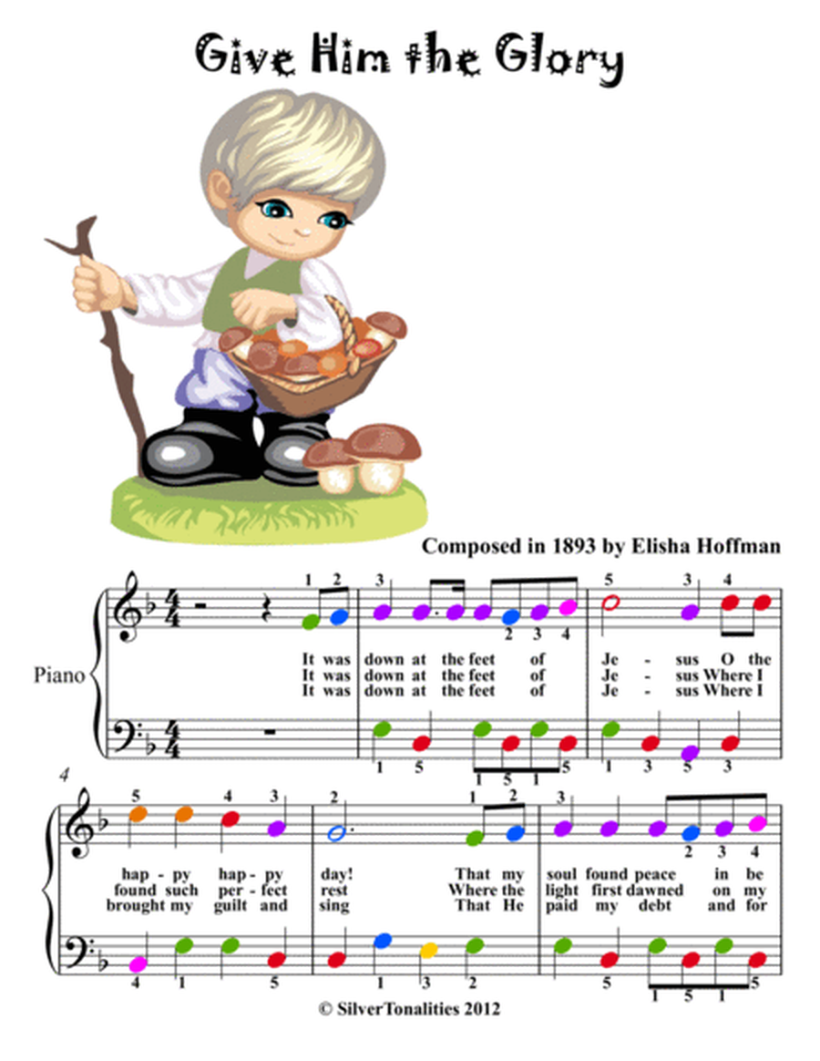 Give Him the Glory Easy Piano Sheet Music with Colored Notation