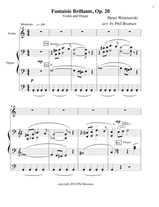 Book cover for Fantaisie Brillante, Op 20 - Wieniawski - violin and organ
