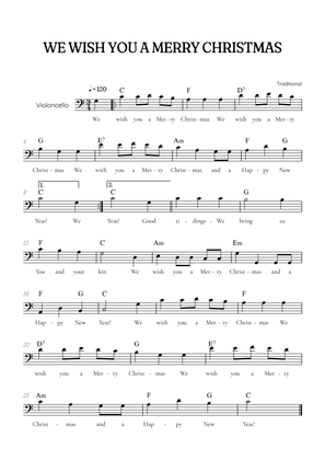 We Wish You a Merry Christmas for cello • easy Christmas sheet music with chords and lyrics