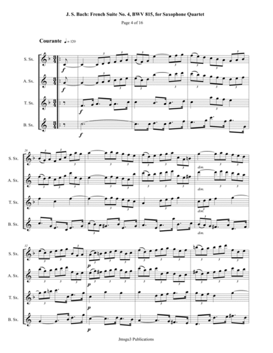 Bach: French Suite No. 4, BWV 815, for Saxophone Quartet - Score Only image number null