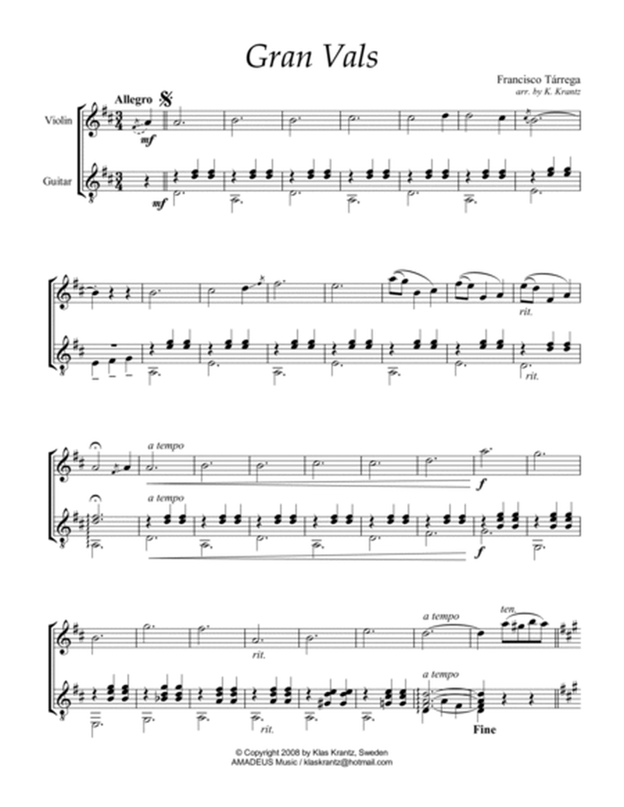 Gran Vals / Gand Waltz for violin (flute) and guitar (D major) image number null