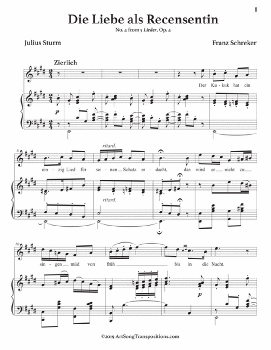 SCHREKER: Die Liebe als Recensentin, Op. 4 no. 4 (transposed to E major)