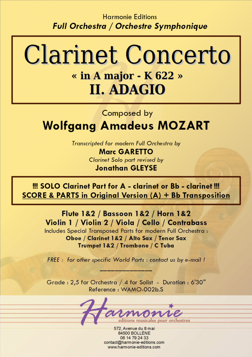 MOZART Clarinet Concerto K 622 - II. ADAGIO // for Bb clarinet or A clarinet // Original or Modern F image number null