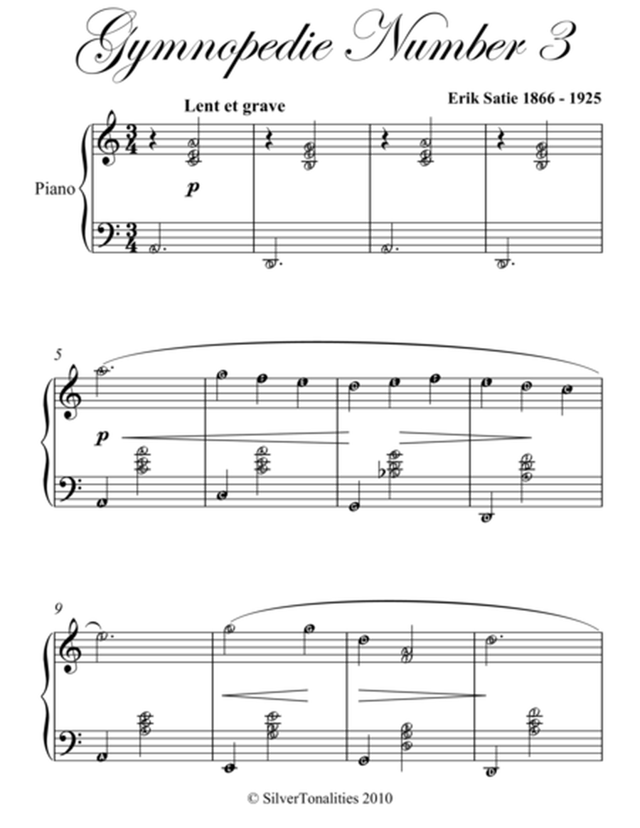 Gymnopedie Number 3 Easy Intermediate Piano Sheet Music