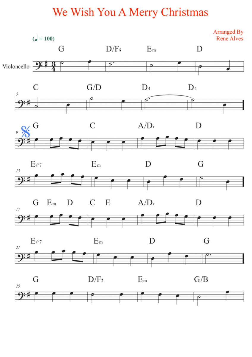 We Wish You A Merry Christmas, sheet music and cello melody for the beginning musician (easy). image number null