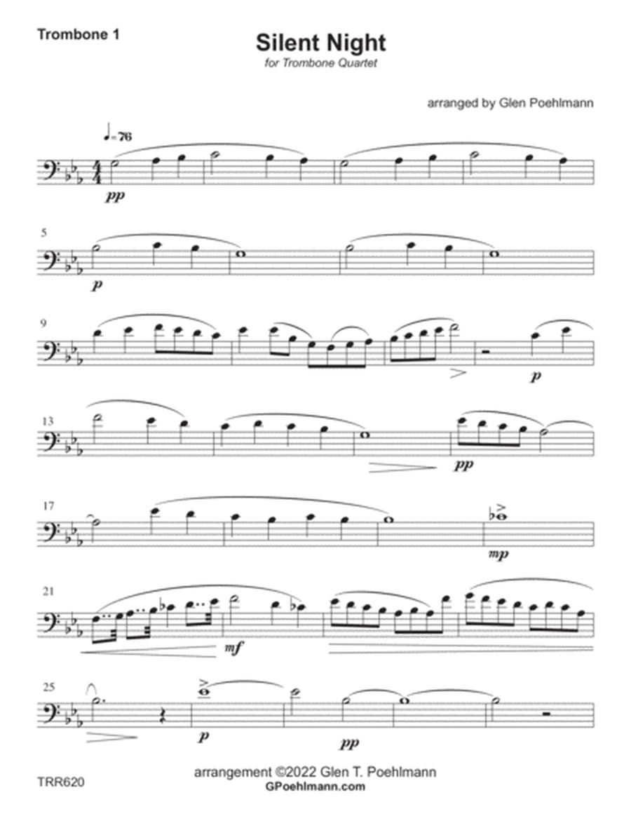 SILENT NIGHT - Trombone Quartet (Grade 3+) - includes Baritone TC for all parts image number null