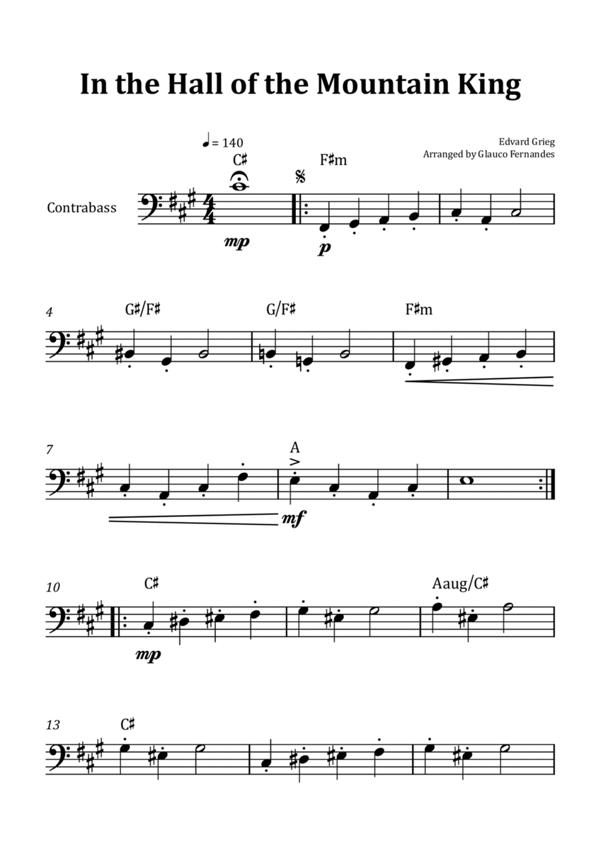 In the Hall of the Mountain King - Double Bass Solo with Chord Notation by Edvard Grieg Chamber Music - Digital Sheet Music