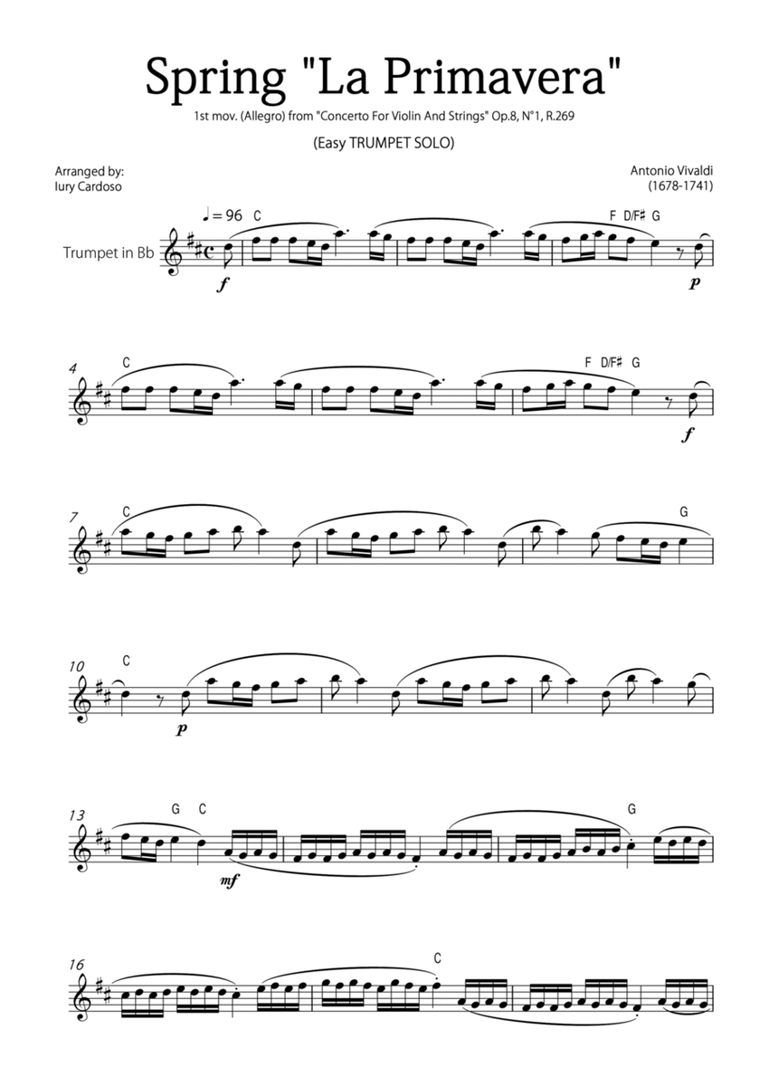 "Spring" (La Primavera) by Vivaldi - Easy version for TRUMPET SOLO image number null