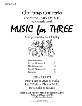Book cover for Christmas Concerto (Concerto Grosso Op. 6 #8) for String Trio (2 Violins & Cello) Set of 3 Parts