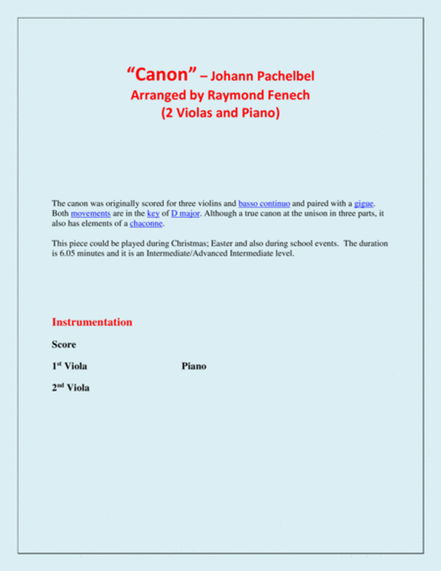 Canon - Johann Pachebel - 2 Violas and Piano - Intermediate/Advanced Intermediate level image number null