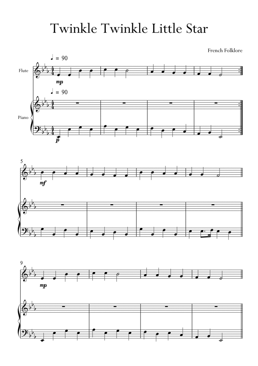 Twinkle Twinkle Little Star for Flute and Piano in Eb Major. Very Easy. image number null
