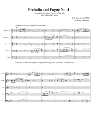 Book cover for Prelude and Fugue #4 from WTC - BWV 849 for brass quintet