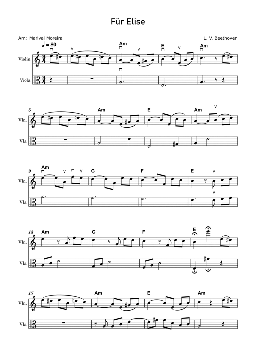 Fur Elise - Beethoven Violin and Viola (Score and Chords) v2 image number null