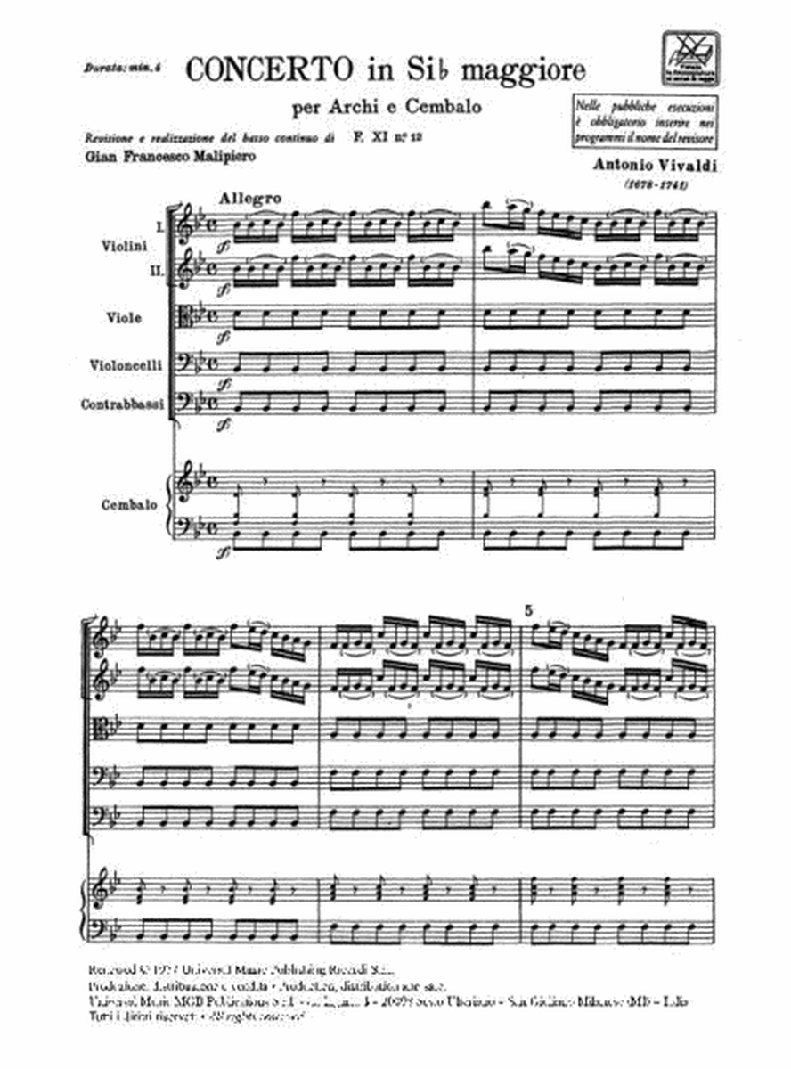 Concerto Per Archi E B.C.: In Si Bem. Rv 164  Sheet Music