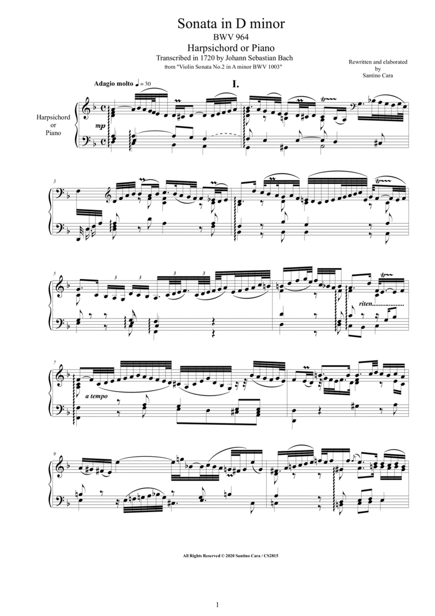 Bach - Sonata in D minor BWV 964 for Harpsichord or Piano image number null