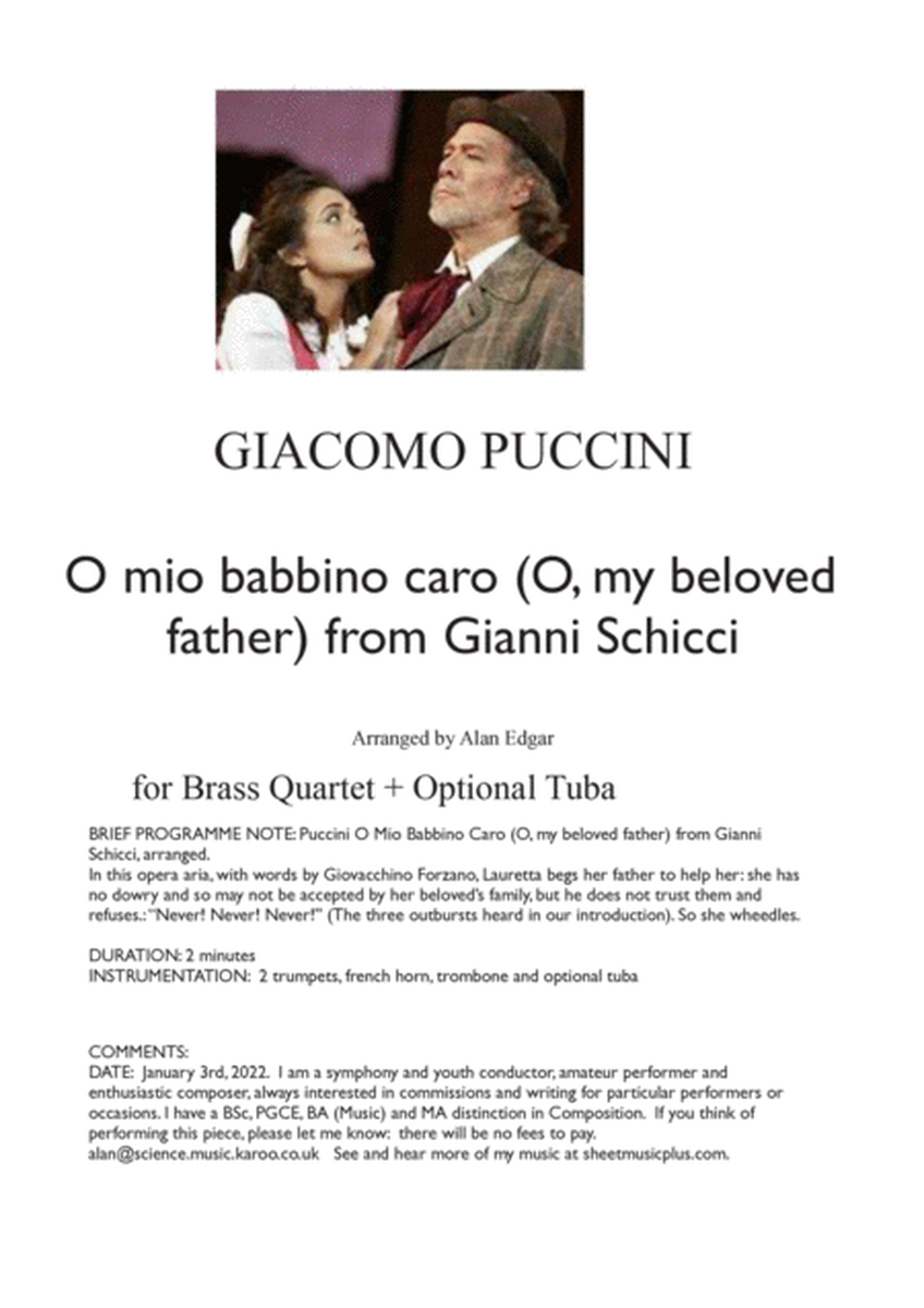 PUCCINI O MIO BABBINO CARO (O, my beloved father) from Gianni Schicci, arranged for Brass quartet or image number null