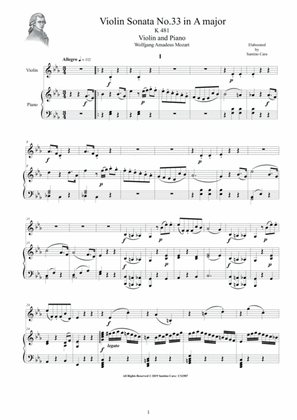 Book cover for Mozart - Violin Sonata No.33 in E flat major K 481 for Violin and Piano - Score and Part