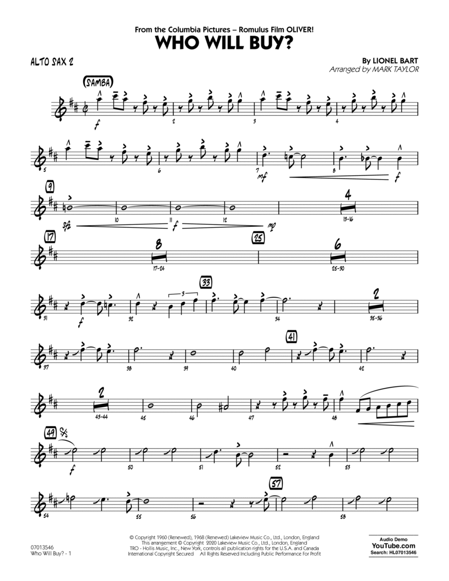 Who Will Buy? (from Oliver) (arr. Mark Taylor) - Alto Sax 2