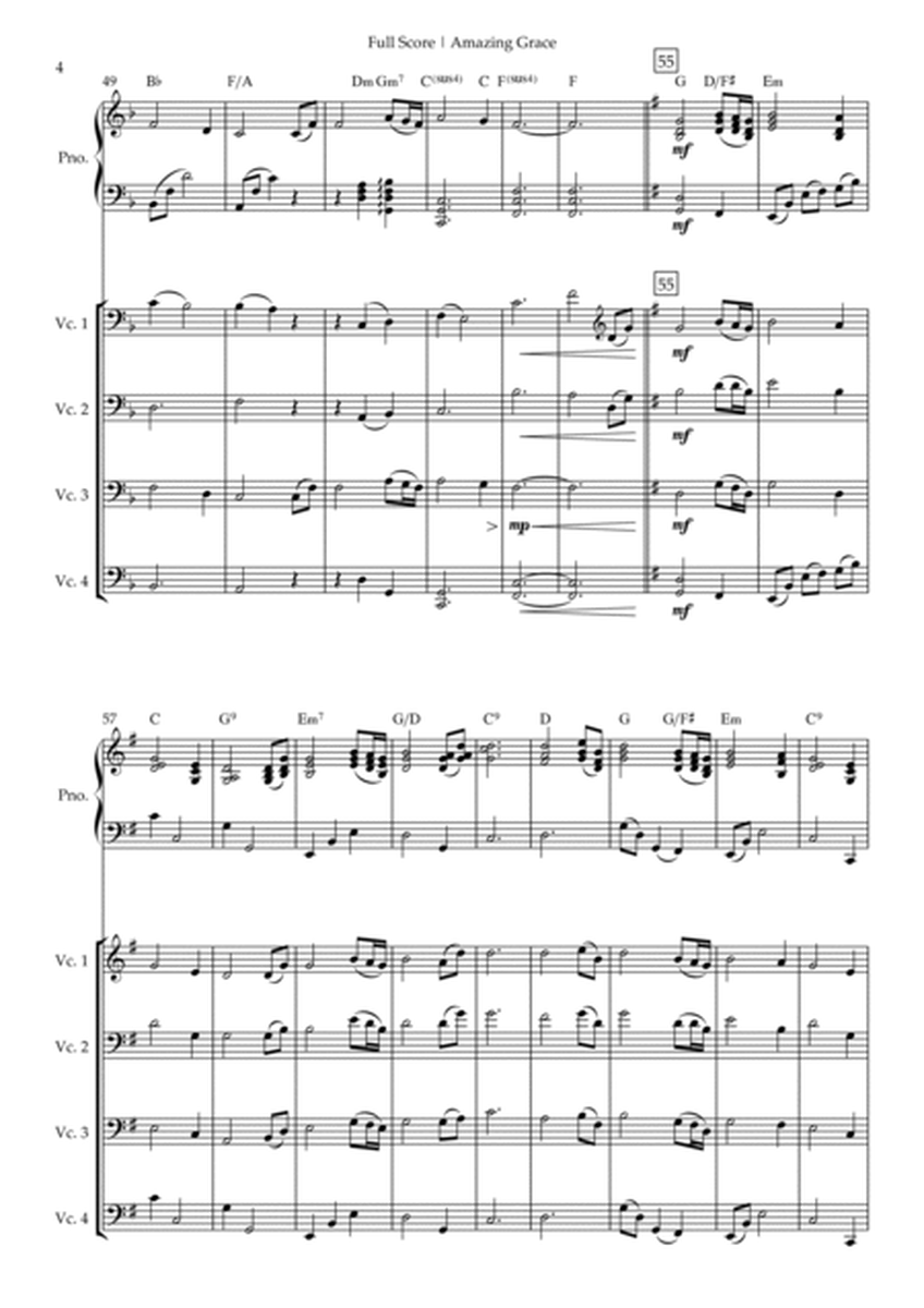 Amazing Grace (John Newton, E. O. Excell) for Cello Quartet and Piano Accompaniment with Chords image number null