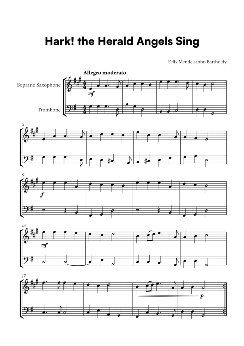 Felix Mendelssohn Bartholdy - Hark the Herald Angels Sing (for Soprano Saxophone and Trombone) image number null