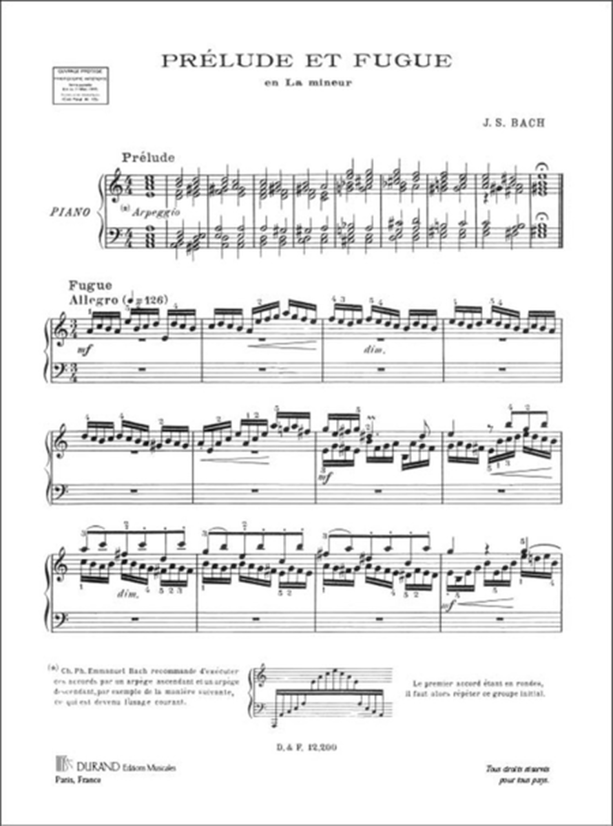 Prelude Et Fugue, En La Mineur,Bwv 944, Pour Piano
