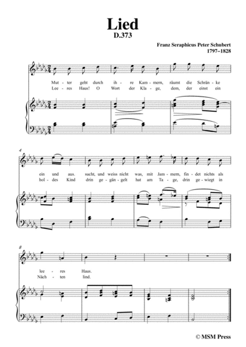 Schubert-Lied(Mutter geht durch ihre Kammern),D.373,in b flat minor,for Voice&Piano image number null