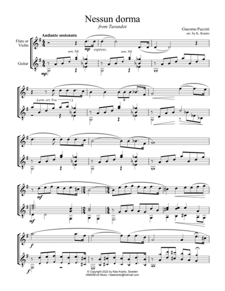 Nessun dorma for violin or flute and guitar image number null