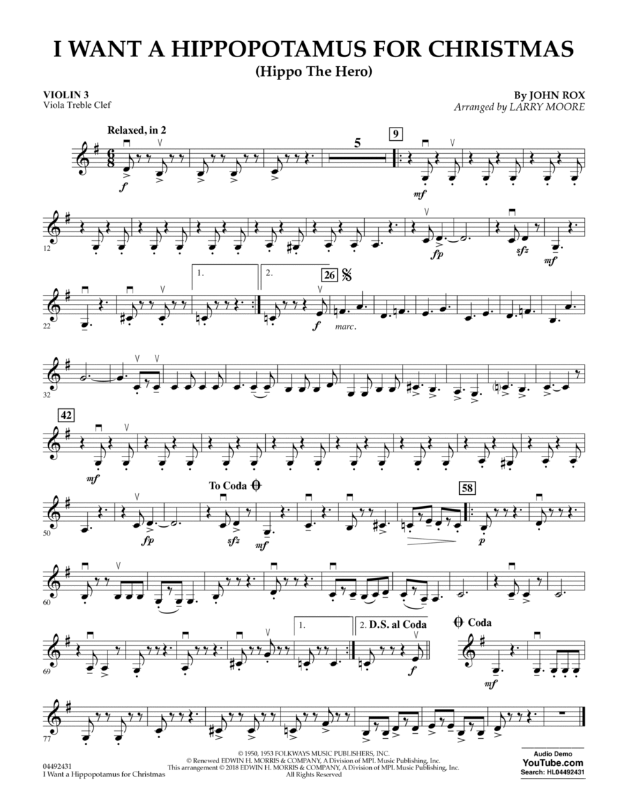 I Want A Hippopotamus For Christmas (arr. Larry Moore) - Violin 3 (Viola Treble Clef)