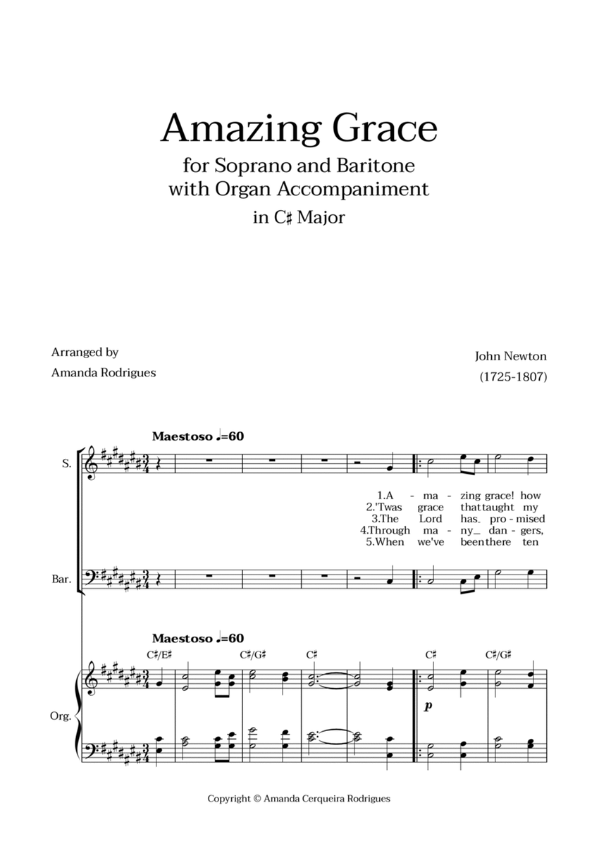 Amazing Grace in C# Major - Soprano and Baritone with Organ Accompaniment and Chords image number null