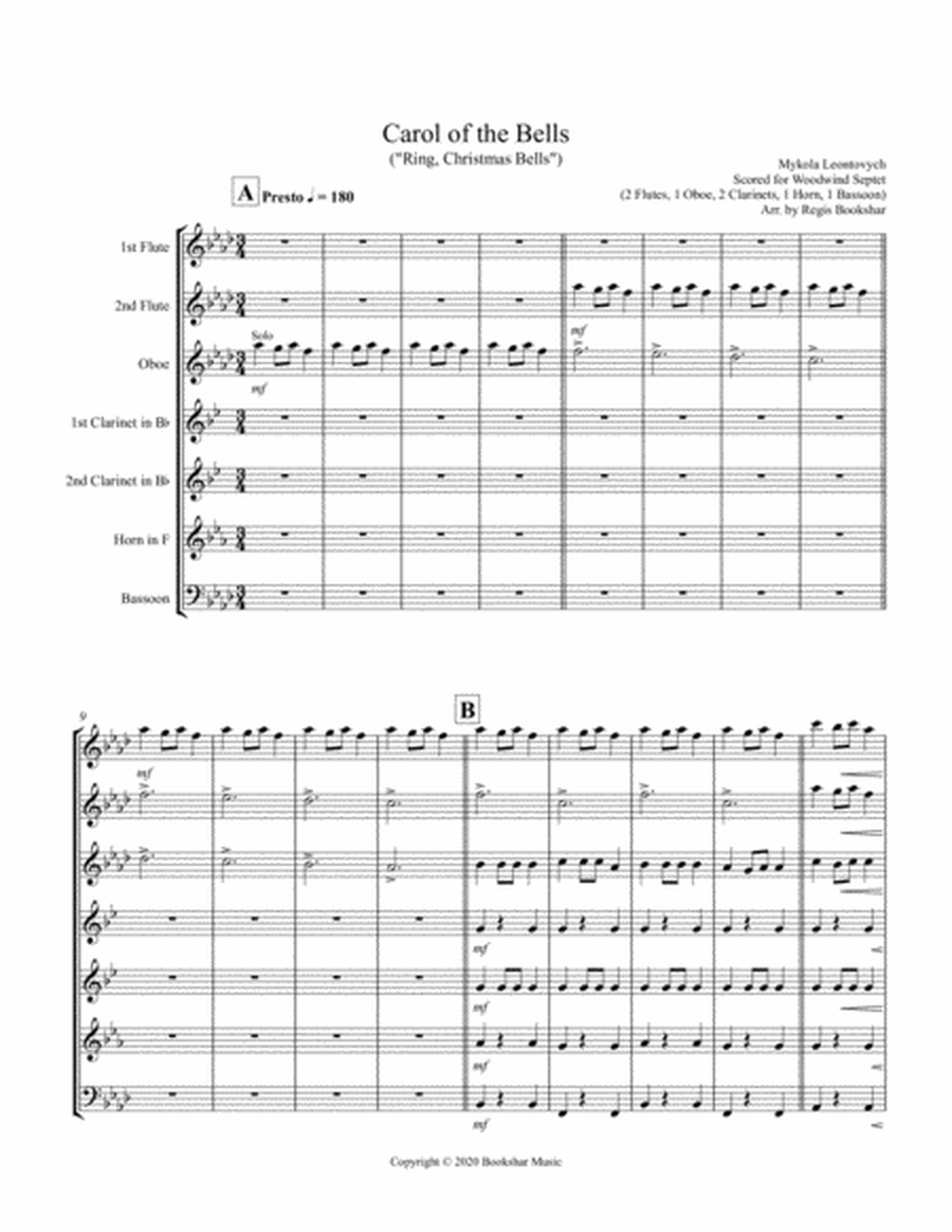 Carol of the Bells (F min) (Woodwind Septet - 2 Flute, 1 Oboe, 2 Clar, 1 Hrn, 1 Bassoon) image number null