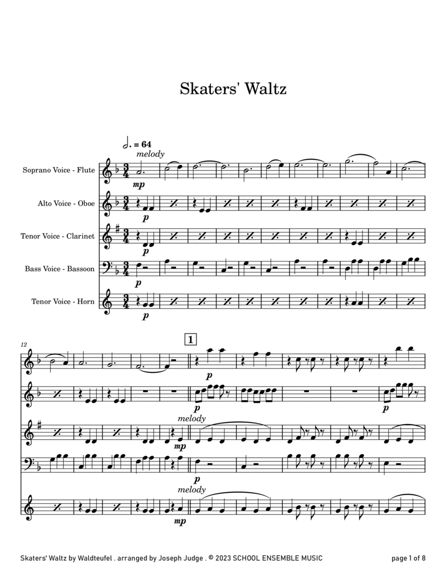 Skaters' Waltz by Waldteufel for Woodwind Quartet in Schools image number null