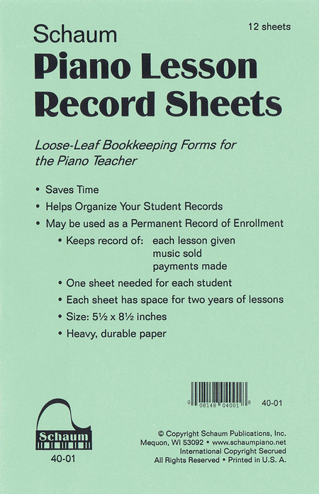 Piano Lesson Record Sheets