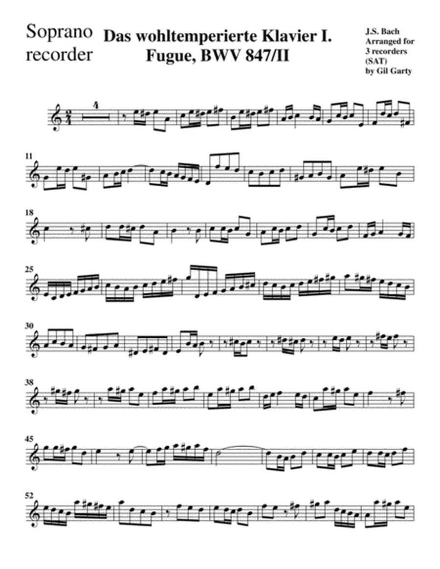 Fugue from Das wohltemperierte Klavier I, BWV 847/II (arrangement for 3 recorders)