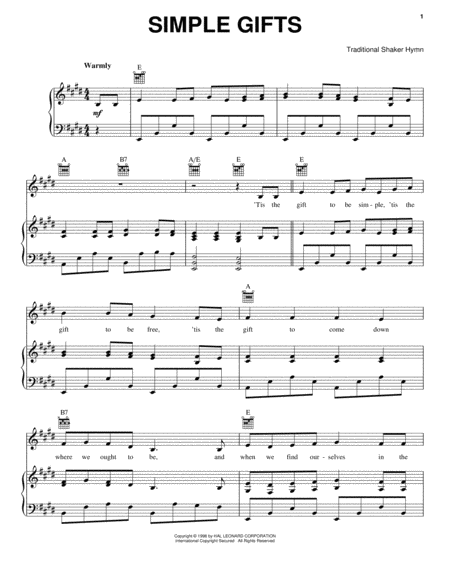 Simple Gifts Sheet Music, Traditional Shaker Hymn