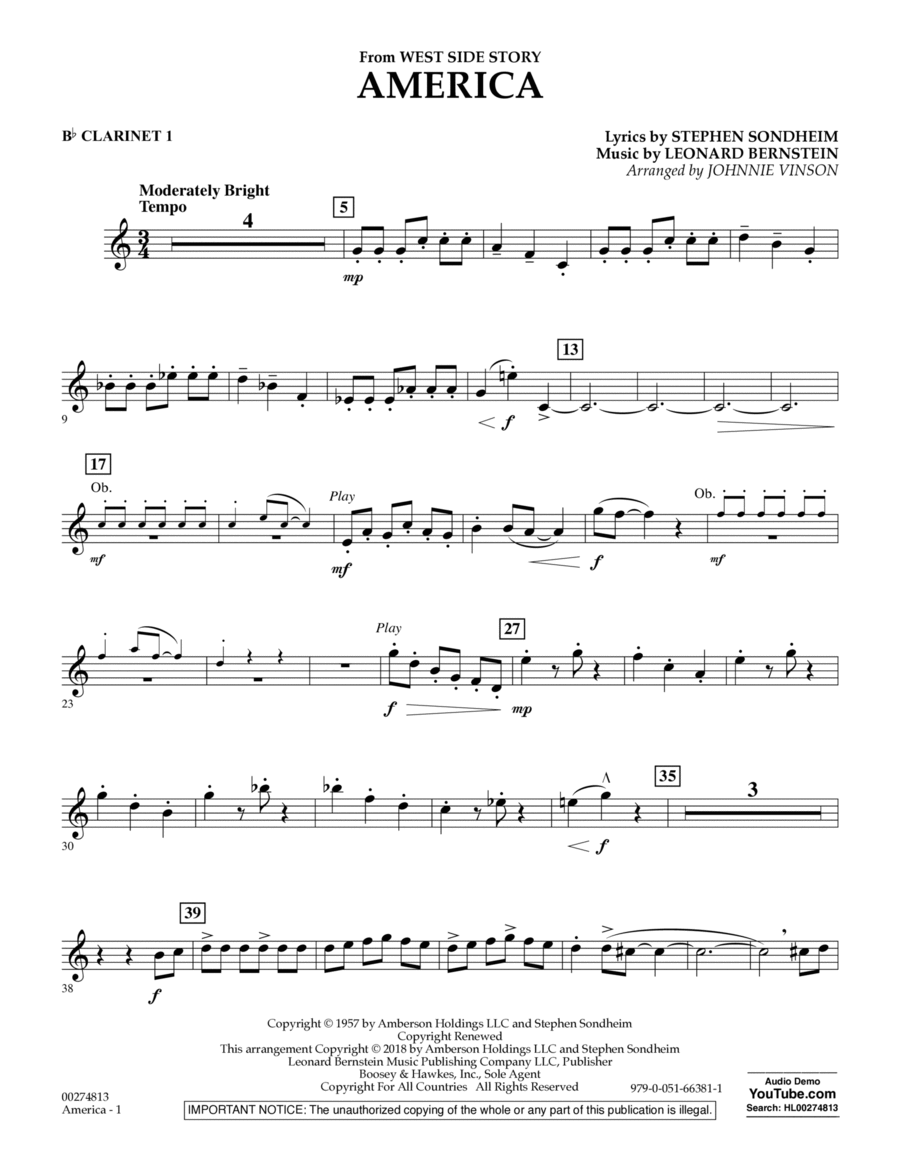 America (from West Side Story) (arr. Vinson) - Bb Clarinet 1