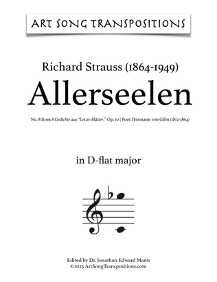 Book cover for STRAUSS: Allerseelen, Op. 10 no. 8 (transposed to D-flat major, C major, and B major)