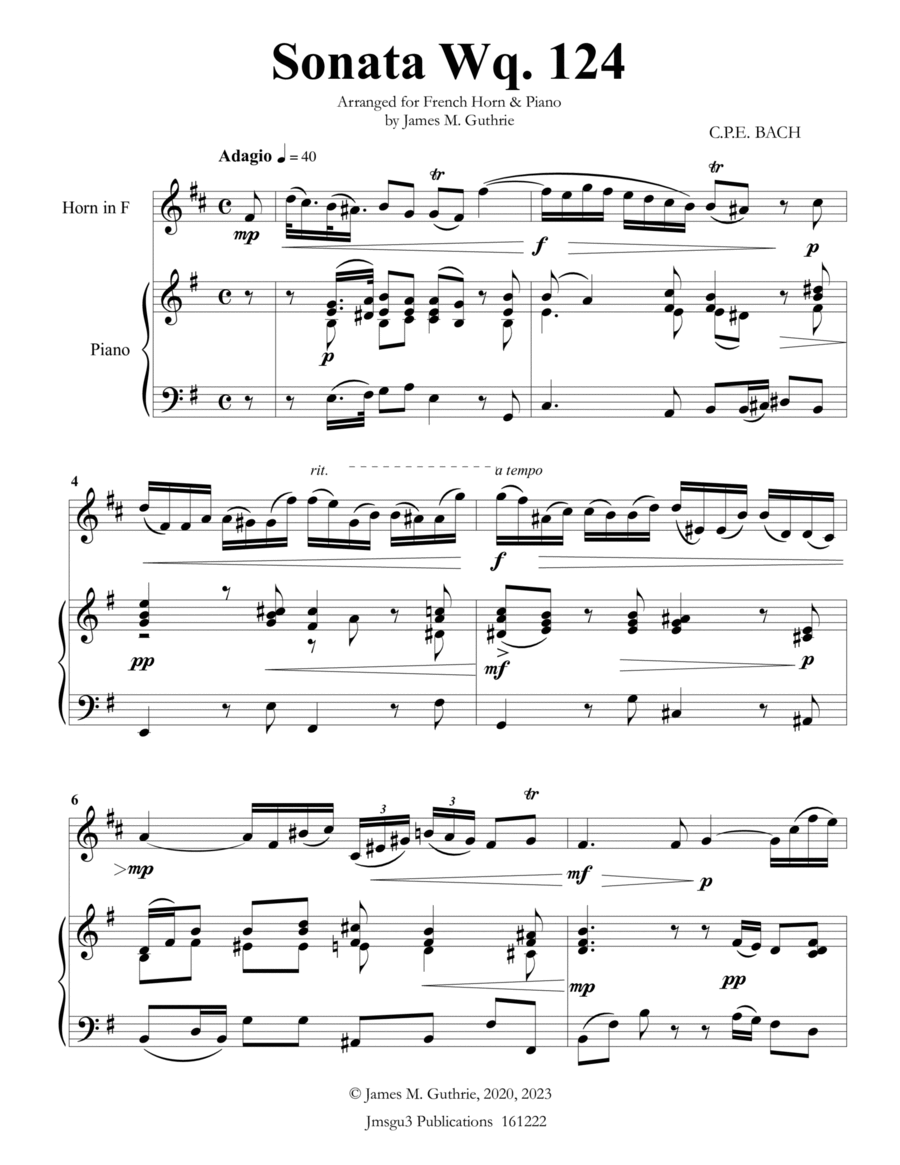 CPE BACH: Sonata in E Minor WQ124 for French Horn & Piano image number null